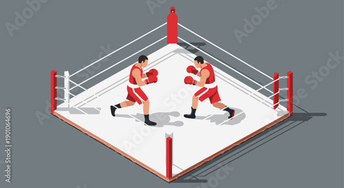 Isometric vector illustration of two boxers in a boxing ring, ready to fight. Great for sports, competition, and healthy lifestyle concepts.
