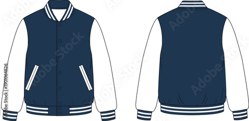Varsity bomber jacket technical fashion illustration showing front and back views with ribbed collar cuffs waistband isolated on white background for apparel design projects