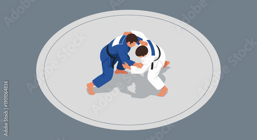 Vector illustration of two judokas grappling in a match. Martial arts competition, fitness, healthy lifestyle concept. Can be used for print, web design, or editorial purposes.