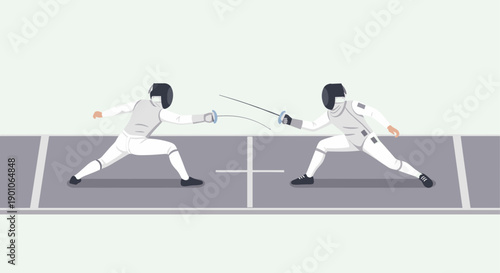 Two fencers in white uniforms engaged in a duel. Illustration style, good for sports, competition, or teamwork related design projects. Clean, minimal style, flat illustration.