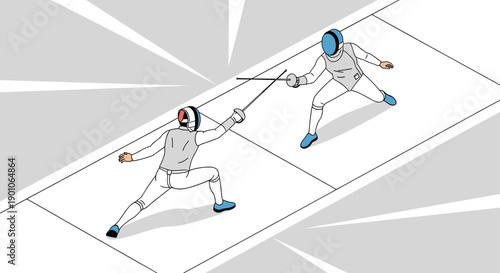 Cartoon illustration of a fencing match between two fencers. Could be used for articles about sports, competition, or exercise. White, gray, blue, red colors.