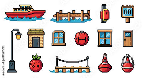 Pixel art nautical elements and urban items set