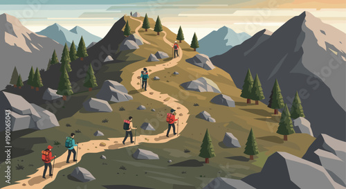 Stylized illustration of people hiking on a mountain trail. Depicts adventure, teamwork, and the outdoors. Suitable for travel, tourism, fitness, and healthy lifestyle promotions.