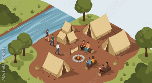 Isometric illustration of a camping scene with tents, people around a campfire, and a river. Ideal for depicting outdoor activities, camping, youth groups, and summer camps.