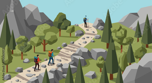 Illustrated image of people hiking on a mountain trail, low poly style. For use in adventure, recreation, outdoor, or design projects, minimalist travel.