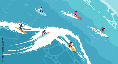 A vector illustration of surfers riding waves in a blue ocean. Perfect for summer, recreation, travel, and lifestyle themes.  Use for banners, posters, or website graphics.