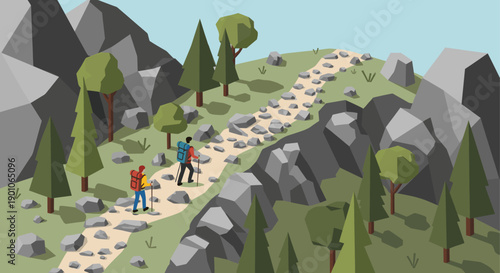 Illustration of two hikers on a rocky mountain path, surrounded by trees. Good for travel, outdoor, adventure, and recreational themes, with a modern, clean, graphic design style.