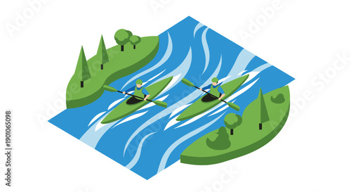Two people kayaking on a blue river surrounded by green land and trees in an isometric view. Illustration. Nature, recreation, sports.