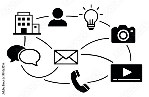 Modern line art illustration of a business communication network depicting various media, ideas, and contact methods for marketing and digital strategy