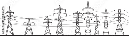 High voltage electricity transmission towers and power lines illustration, energy infrastructure concept, industrial grid system, electrical engineering background for utility, technology, and 