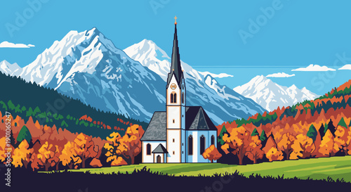 Idyllic church in vibrant autumn forest with majestic snowy mountain backdrop
