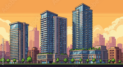 Colorful cityscape with high-rise buildings and orange sky in pixel art style