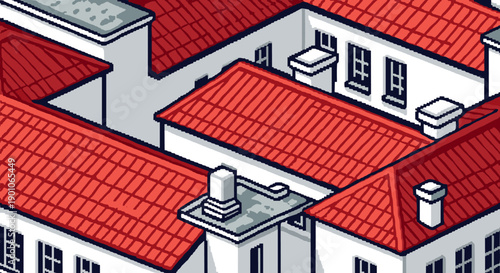 Isometric pixel art architecture with red roofs and chimneys