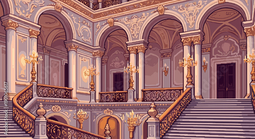 Elegant baroque palace interior with grand staircase and ornate architecture in pixel art style