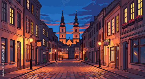 Charming nighttime cityscape with illuminated streets and historic architecture in retro pixel art style