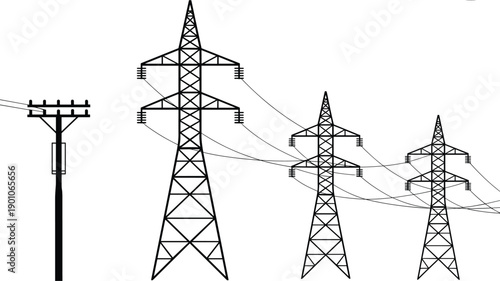 High voltage electricity transmission towers and utility pole illustration showing power distribution infrastructure, electrical grid network, energy supply lines isolated on white background