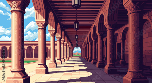 Pixel art cloister corridor with stone columns and cloudy sky