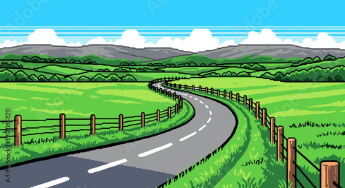 Pixel art countryside road with rolling hills and fenced fields under a blue sky