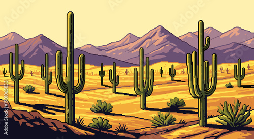 Desert landscape with cacti and mountains in pixel art style