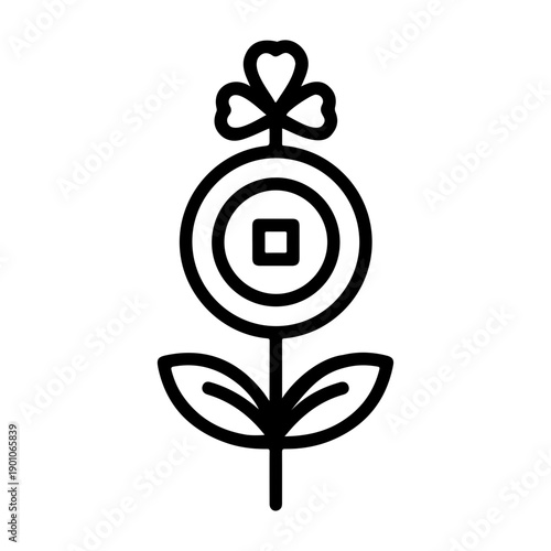 Chinese New Year icons silhouette Minimalist Line Art Icon Representing Financial Growth Luck with Coin and Shamrock Design