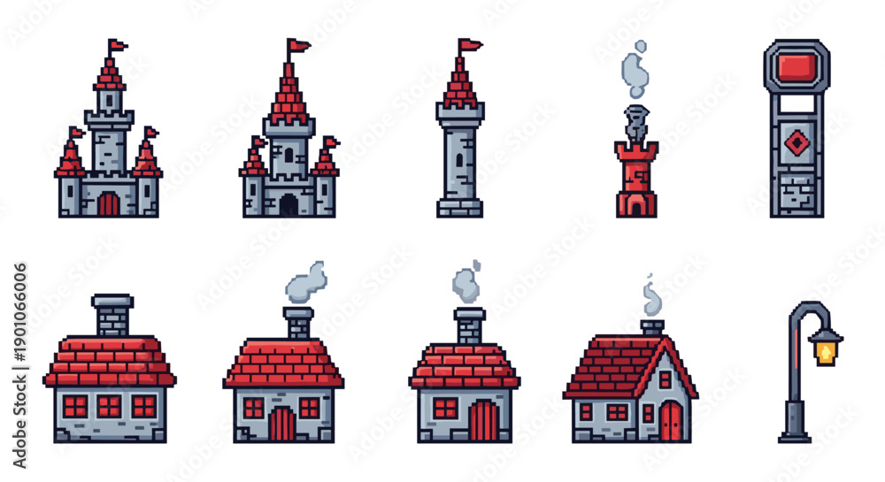 Naklejka premium Pixel art medieval buildings and towers with red roofs and flags