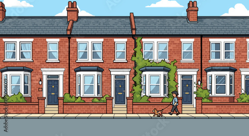 Charming english row houses with greenery and dog walker in bright cartoon style