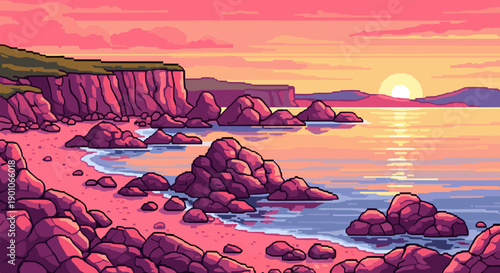Pixel art seascape at sunset with rocky shoreline and vibrant colors