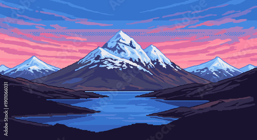 Pixel art mountain landscape at sunset with snowy peaks and serene lake
