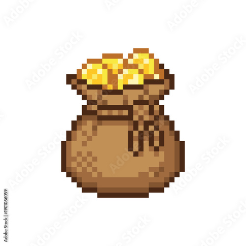 Pixel art money bag filled with gold coins vector icon