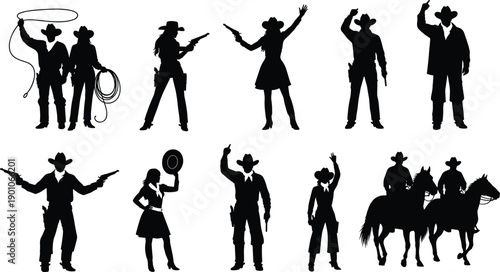 Western cowboy and cowgirl silhouettes set featuring guns lassos horses frontier poses isolated on white background for vintage Wild West design projects