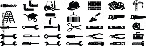 Construction tools and equipment icon set in solid glyph style featuring machinery, hand tools, building materials, safety gear, and industrial symbols for web and app design
