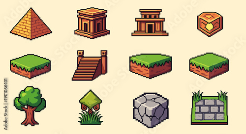 Pixel art game elements: pyramids, temples, platforms, and nature assets