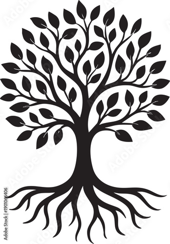 Life's Embrace: An artistic silhouette of a majestic tree, its roots deeply grounded, reaching towards the sky, symbolizing growth, strength, and the interconnectedness of life.