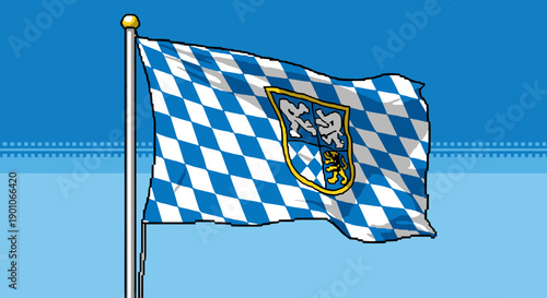 Pixel art bavarian flag waving in the wind against blue sky