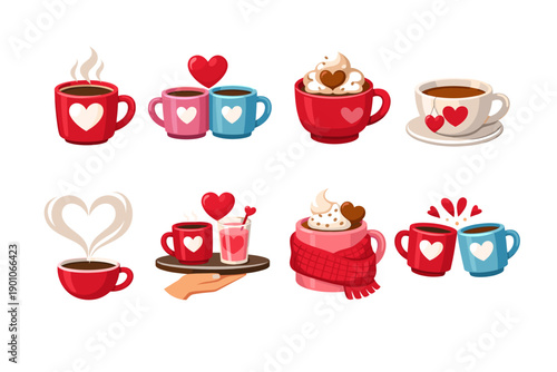 Love-themed coffee and tea cups illustrations
