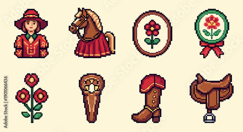 Retro pixel art: equestrian and floral icons collection
