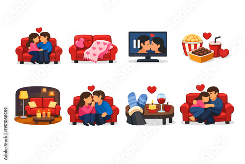 Romantic movie night couple icons set