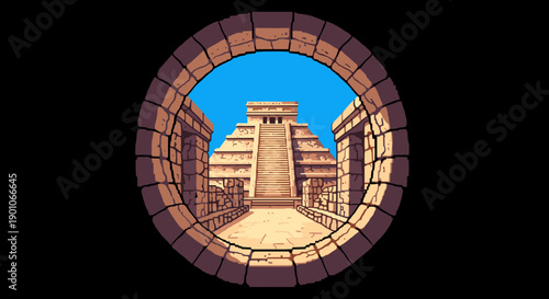 Pixel art ancient pyramid through stone arch with clear blue sky background