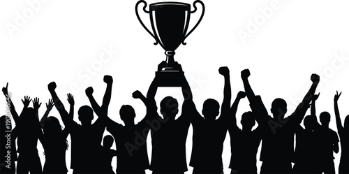 Winning team celebration silhouette with trophy cup raised high, group of cheering people symbolizing success, victory, leadership, teamwork, achievement, and championship concept isolated on white