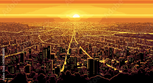 Retro futuristic cityscape at sunset in pixel art style with glowing skyline and vibrant horizon