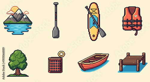 Outdoor adventure icons featuring mountain, kayak, tree, and more in retro pixel art style