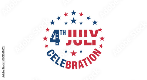 4th of July celebration badge, patriotic starry emblem, American Independence Day logo, red white and blue colors, festive vector illustration, for banner or poster or social media, 