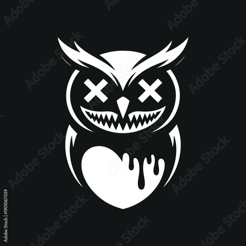 Creepy owl with x eyes and bleeding heart vector illustration, gothic style, dark art, mysterious creature
