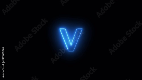Alphabet animation of letter 'V' on black background Letter concept.glowing loop neon alphabet letter with alpha channel in 4k.