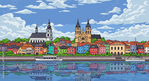 Colorful seaside town with reflections and scenic architecture in pixel art style