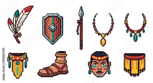 Pixel art ancient warrior icons with traditional weapons and jewelry