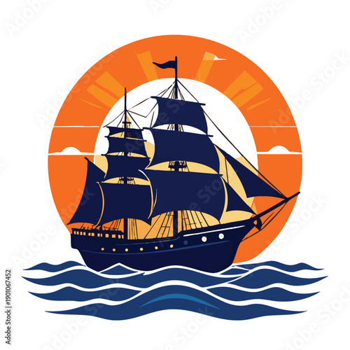 Vintage sailing ship with sails on the ocean waves in front of a sunset