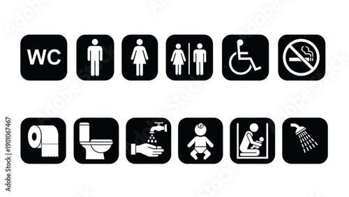 public facility and restroom signs, including accessibility, baby changing, and hygiene pictograms for diverse applications