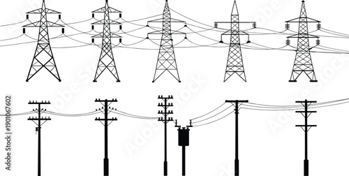 High voltage power transmission towers and distribution utility poles illustration showing electrical grid infrastructure, energy supply network, overhead power lines, and modern electricity 