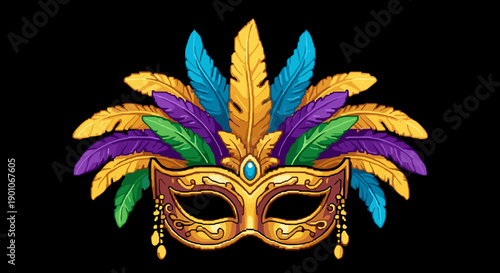 Colorful carnival mask with feathers on black background